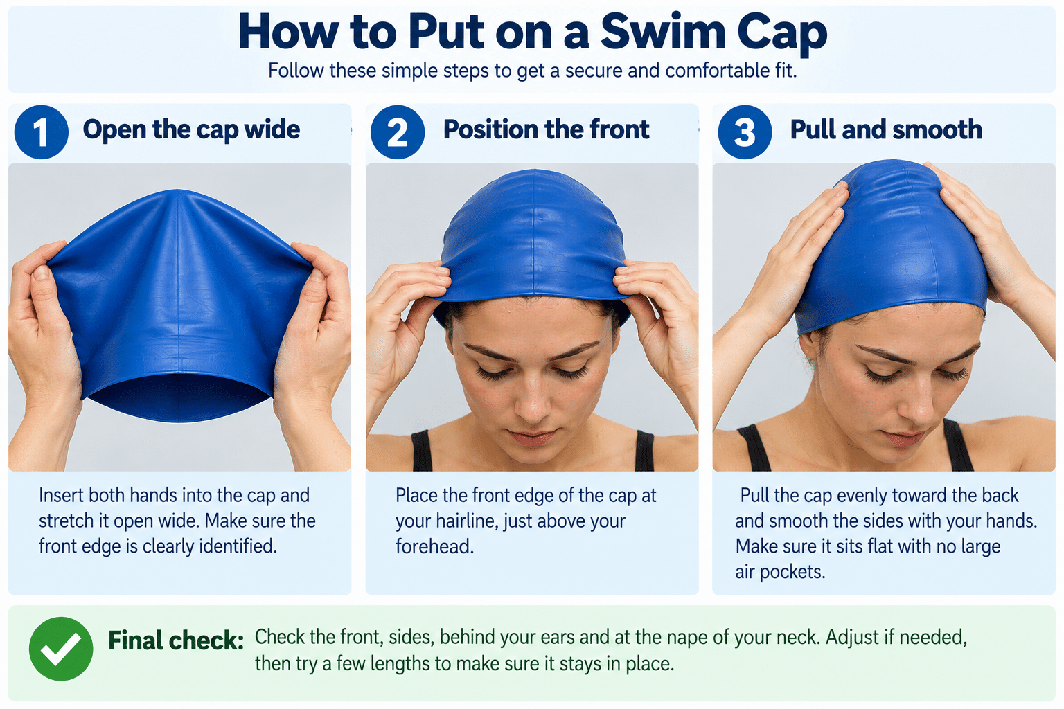 Hair placement comparison showing a bulky bun versus a low flat arrangement under a swim cap